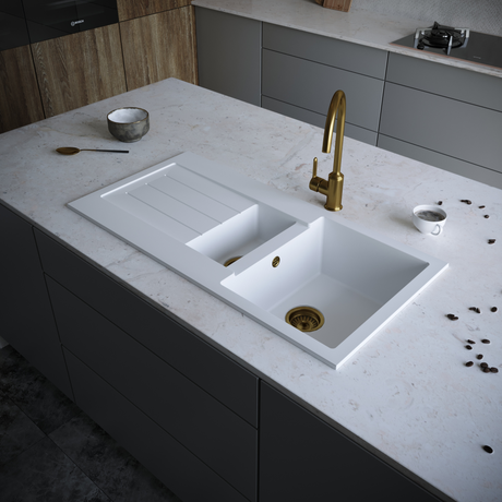 Ellsi Comite 1.5 Bowl Composite Inset Kitchen Sink & Drainer Matt White Reversible 1000mm x 500mm, Chrome Wastes MATT WHITE PDT-000102 LS1