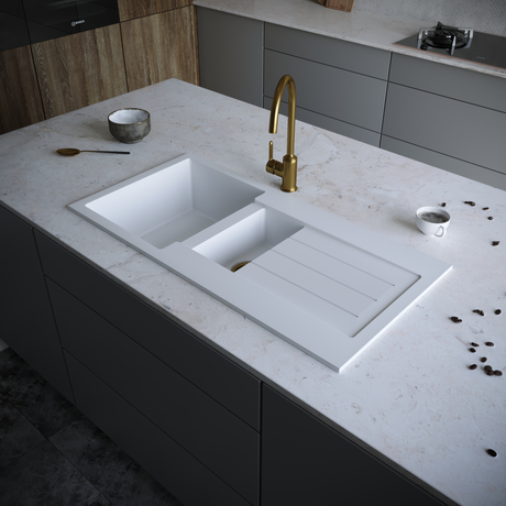 Ellsi Comite 1.5 Bowl Composite Inset Kitchen Sink & Drainer Matt White Reversible 1000mm x 500mm, Chrome Wastes MATT WHITE PDT-000102 LS2