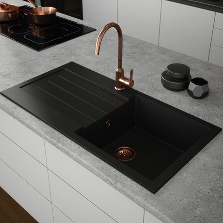 Ellsi Comite 1.0 Bowl Composite Inset Kitchen Sink & Drainer Matt Black Reversible 1000mm x 500mm, Chrome Waste MATT BLACK PDT-000060 LS