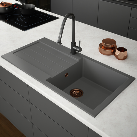 Ellsi Comite 1.0 Bowl Composite Inset Kitchen Sink & Drainer Matt Grey Reversible 1000mm x 500mm, Chrome Waste MATT GREY PDT-000076 LS