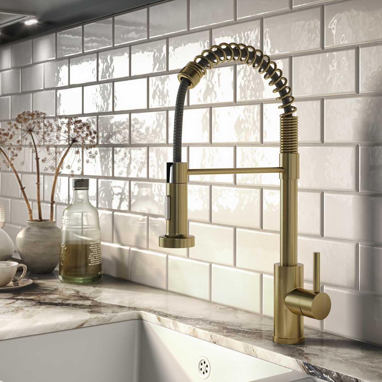 Ellsi Contra Spring Style Pull-Out Single Lever Kitchen Mixer Tap BRUSHED BRASS CON-01-BB LS