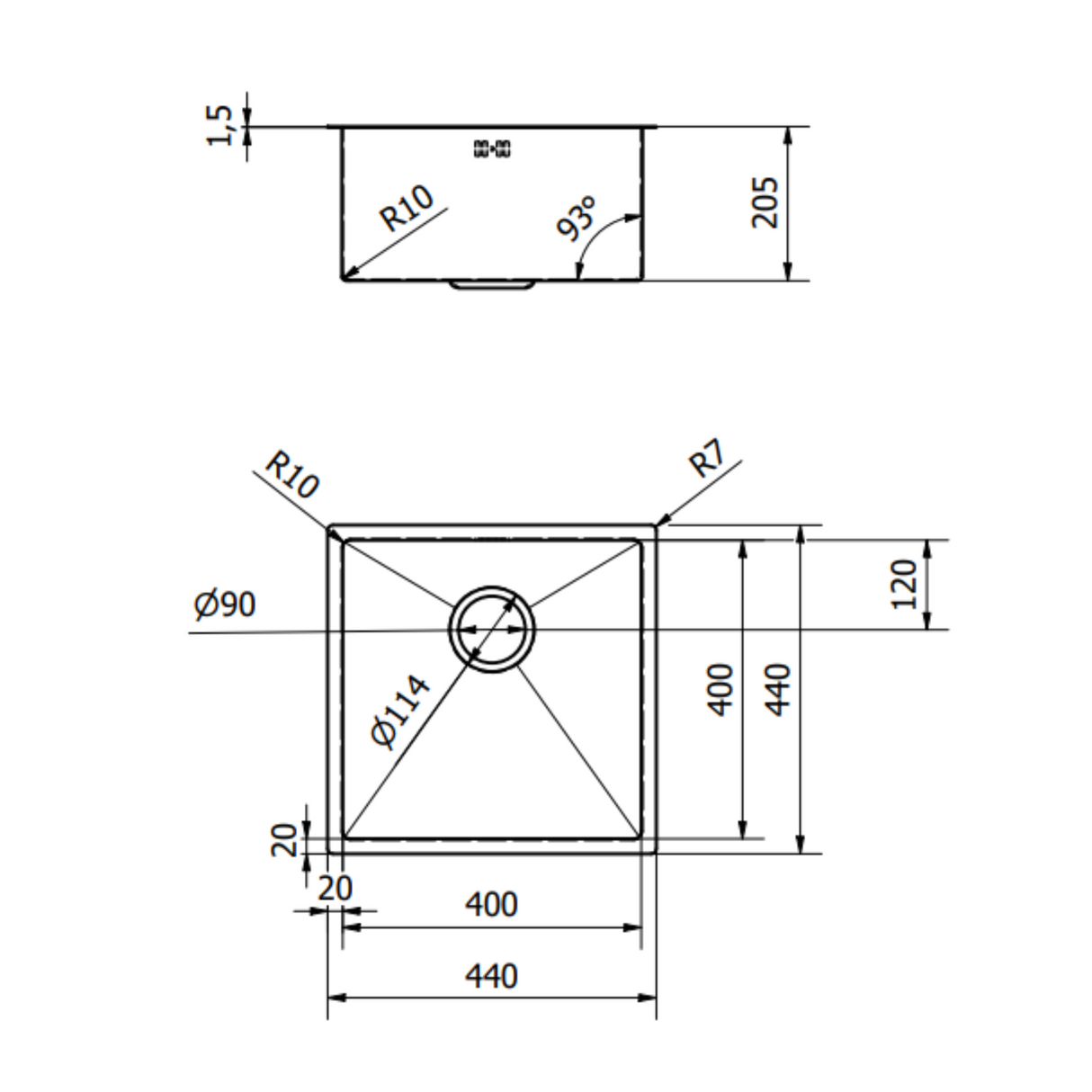 Ellsi 1.0 Bowl Undermount Kitchen Sink 440mm x 440mm