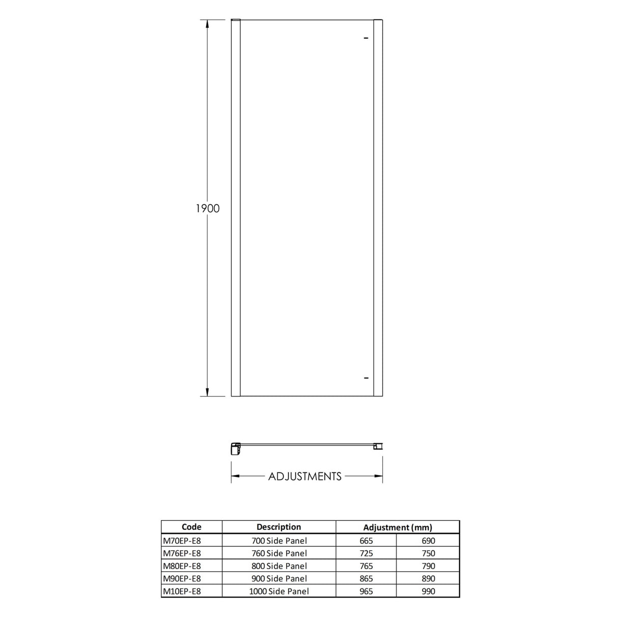 Hudson Reed Apex Shower Side Panel Chrome, 8mm Glass M80EP-E8 LD