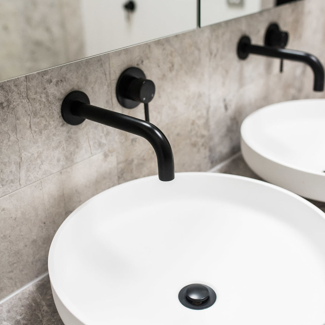 Meir Round Wall Mounted 2-Hole Single Lever Basin Mixer Tap - Matt Black MW03S-SET LS1
