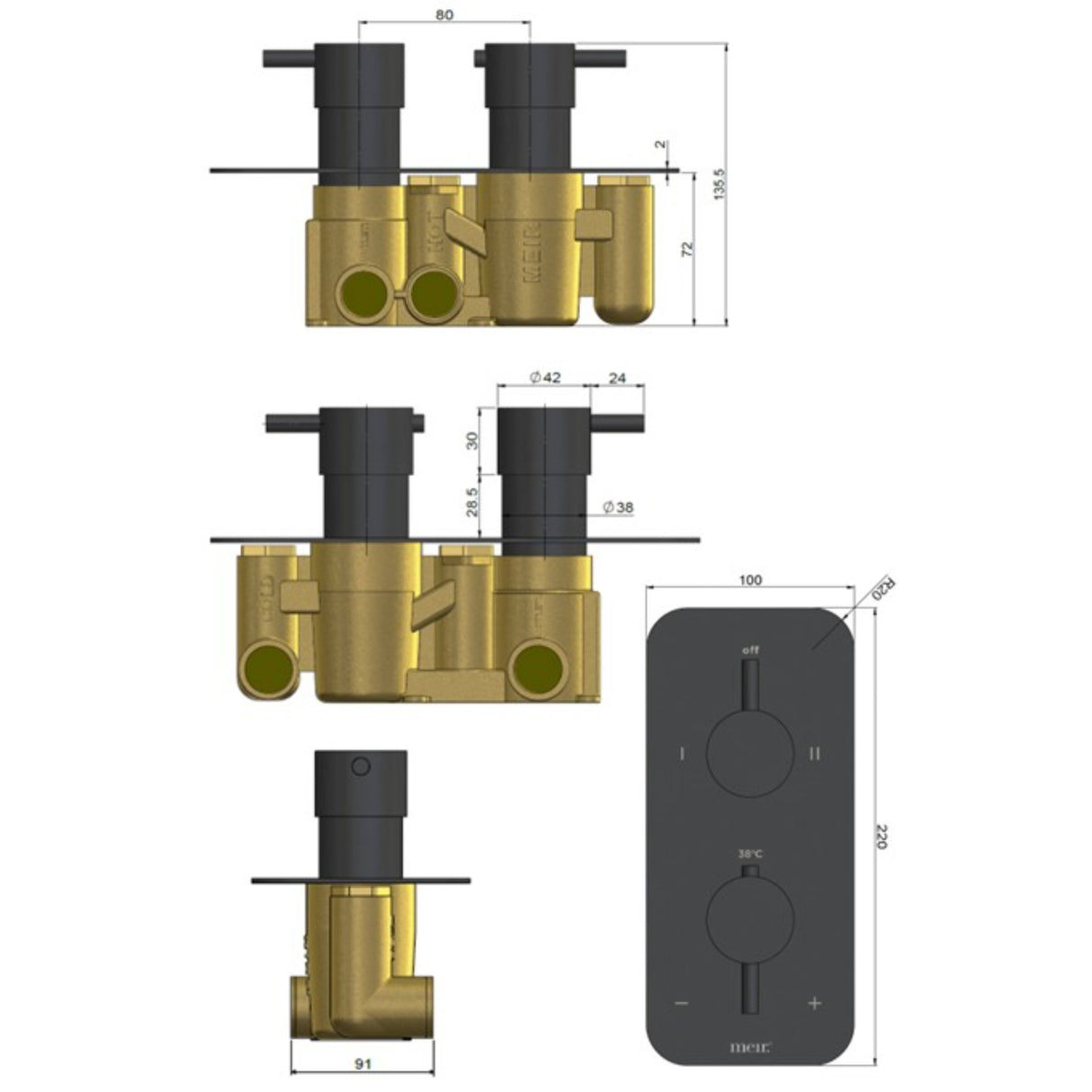 Meir 2 Outlet Thermostatic Concealed Shower Valve With Diverter - Chrome MTV22-SET-C LD