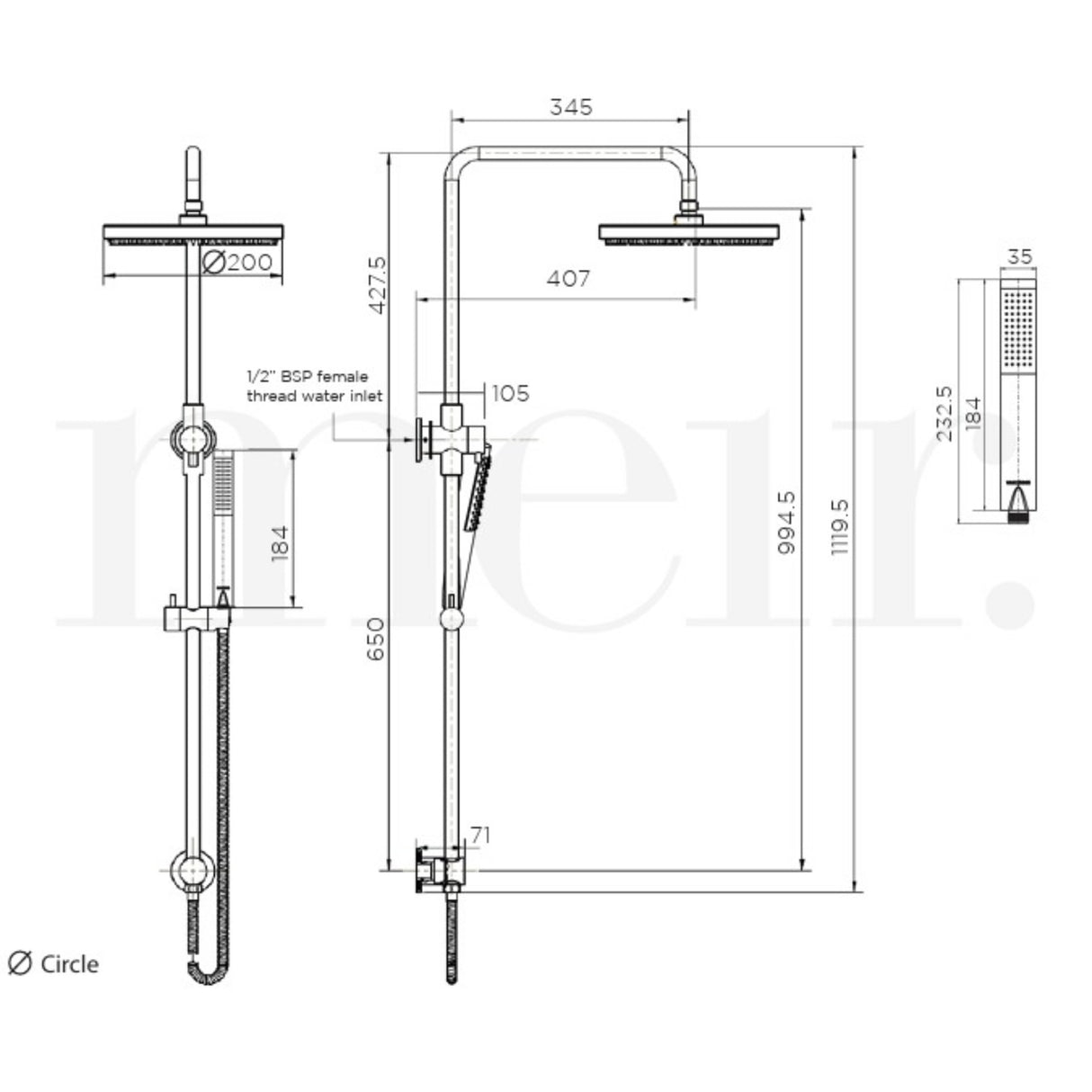 Meir 2 Outlet Round 200mm Rigid Riser Shower Kit With Diverter & Elbow Outlet Shadow MZ0704-R-PVDGM LD
