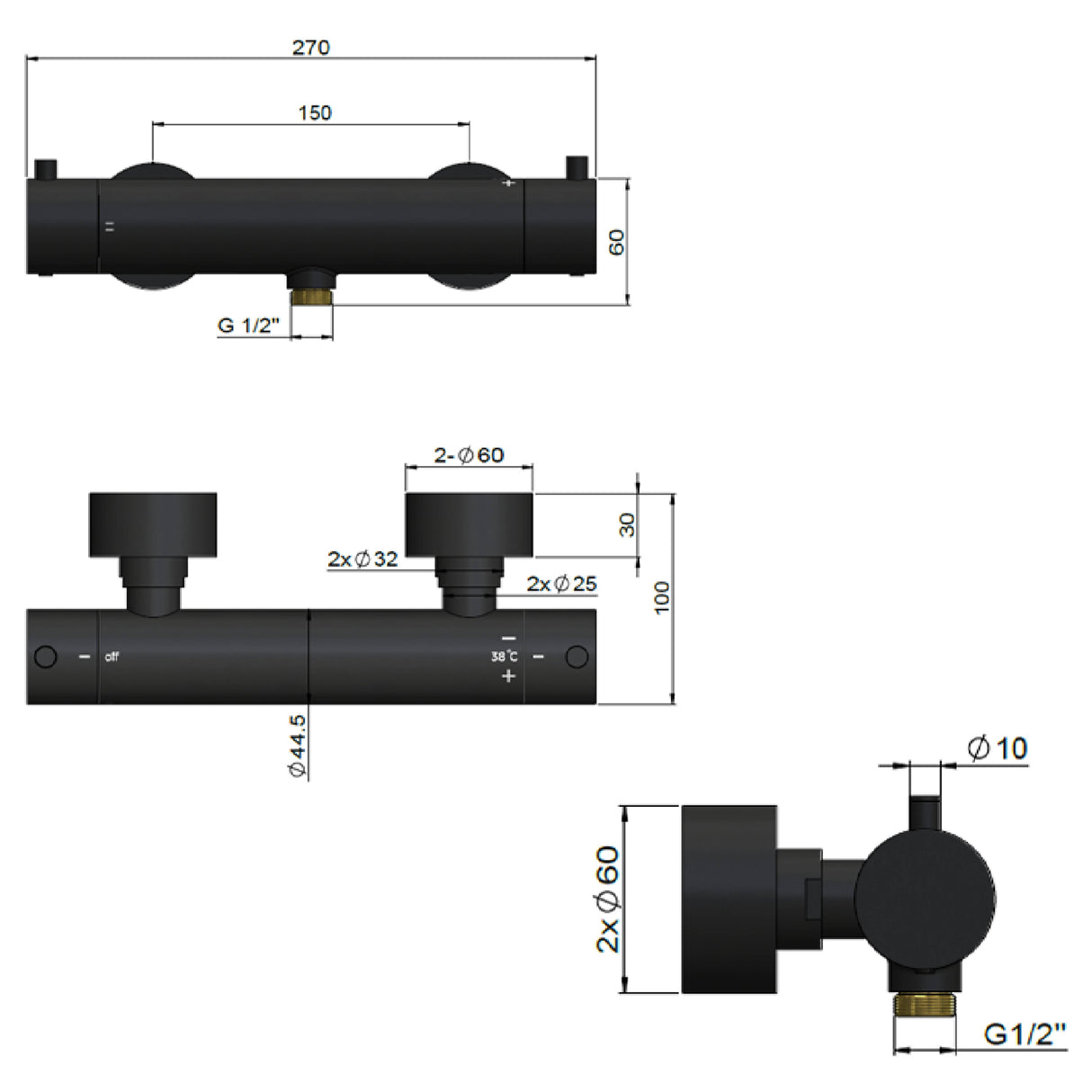 Meir Round Thermostatic Bar Shower Valve Matt Black MZT03N LD