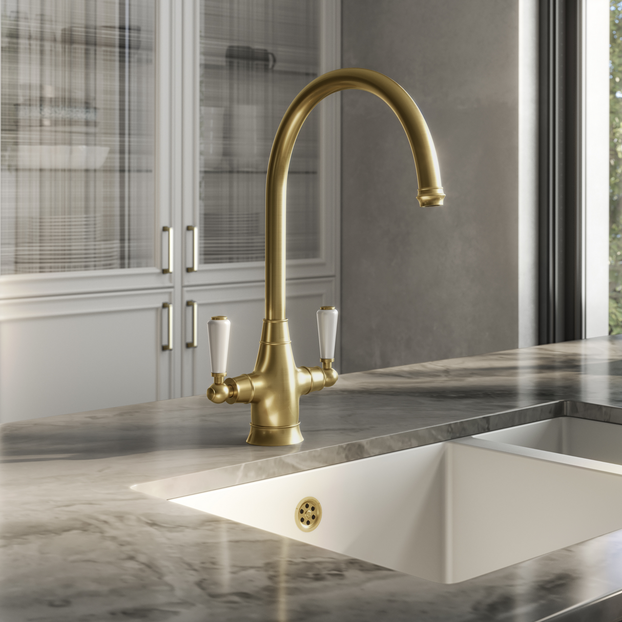 Ellsi Oswald Traditional Twin Lever Kitchen Mixer Tap BRUSHED BRASS OSW-01-BB LS
