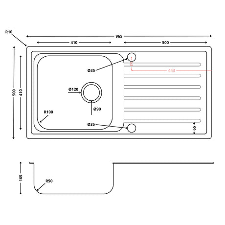 Ellsi Nur 1.0 Bowl Satin Stainless Steel Inset Kitchen Sink & Drainer Reversible 965mm x 500mm SATIN S/S PDT-000519-65 LD