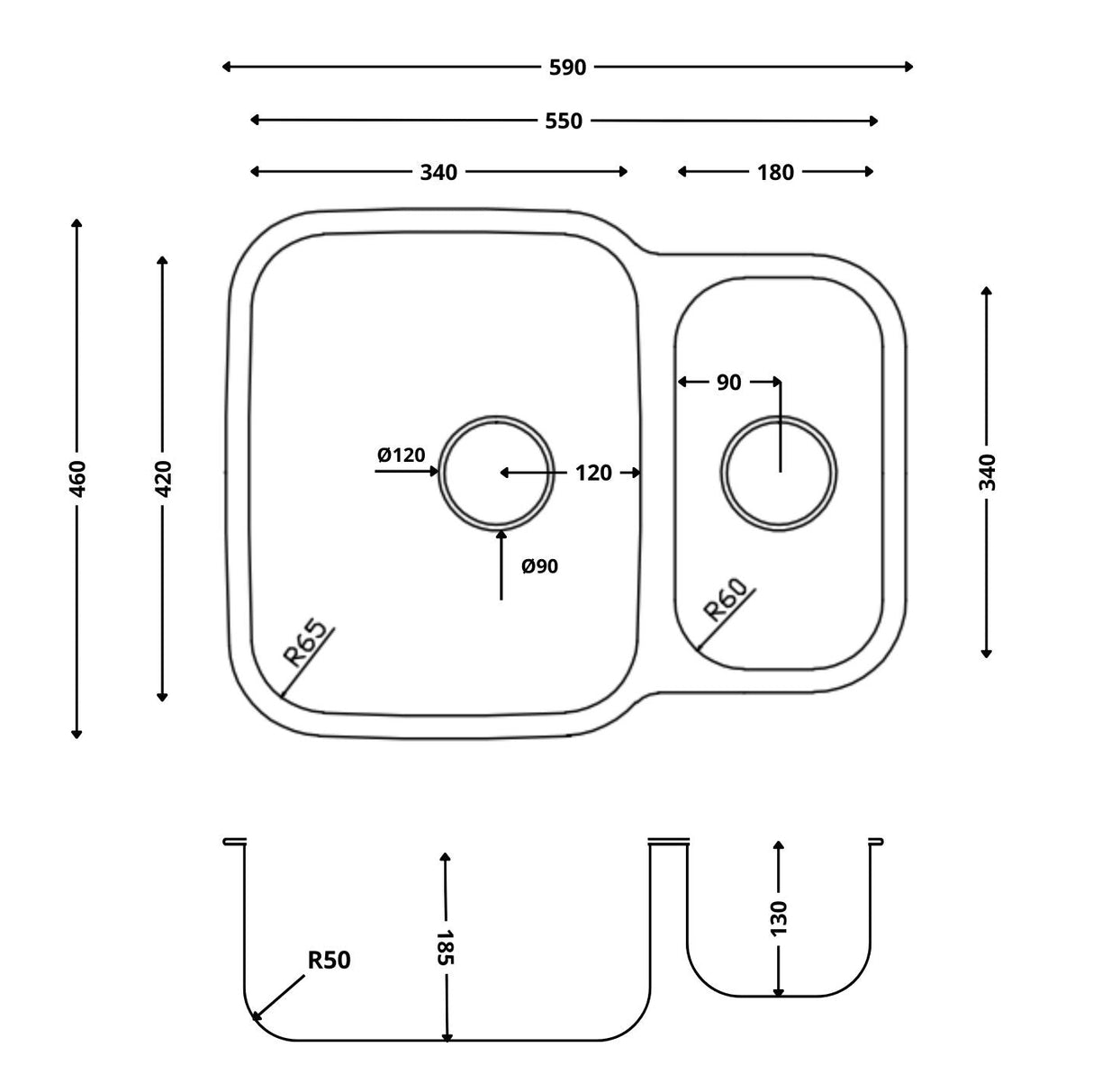Ellsi Nur 1.5 Bowl Satin Stainless Steel Undermount Kitchen Sink 595mm x 460mm SATIN S/S PDT-000520-64-65 LD