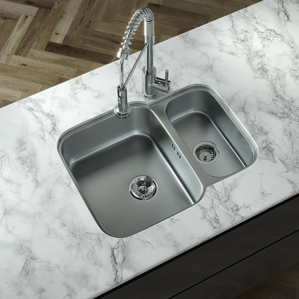 Ellsi Nur 1.5 Bowl Satin Stainless Steel Undermount Kitchen Sink 595mm x 460mm SATIN S/S PDT-000520-64-65 LS