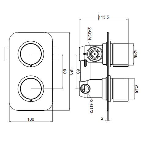 Ellsi Pinto 2-Outlet Thermostatic Concealed Shower Valve With Diverter Chrome CSV-02-CH LD1