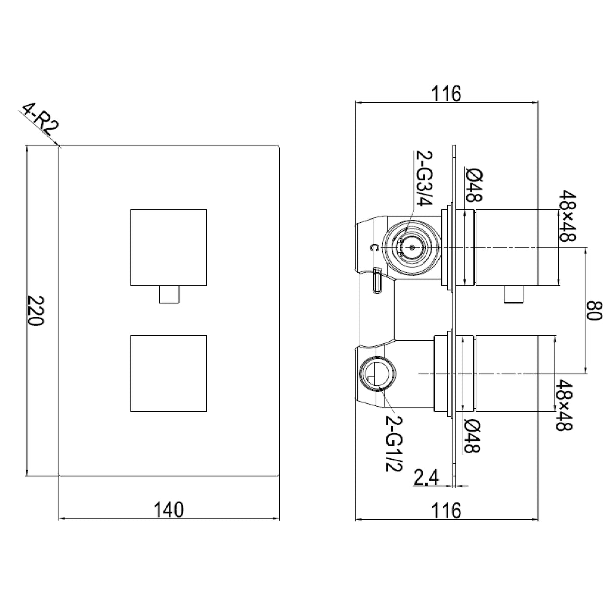 Ellsi Veda 2-Outlet Square Thermostatic Concealed Shower Valve With Diverter Chrome CSV-05-CH LD