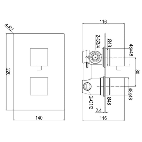 Ellsi Veda 2-Outlet Square Thermostatic Concealed Shower Valve With Diverter Chrome CSV-05-CH LD