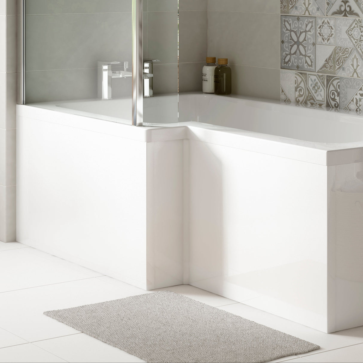 Nuie Acrylic L-Shaped Shower Bath Front Panel Gloss White WBS302 LS