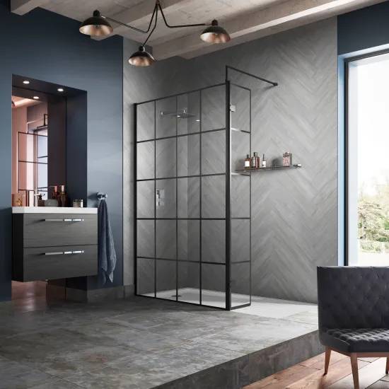 Hudson Reed 8mm Framed Wetroom Screen - Wall Fixed - Matt Black WRSF10 LS1