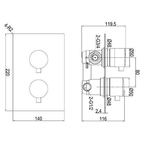 Ellsi Zona 2-Outlet Thermostatic Concealed Shower Valve With Diverter Chrome CSV-04-CH LD