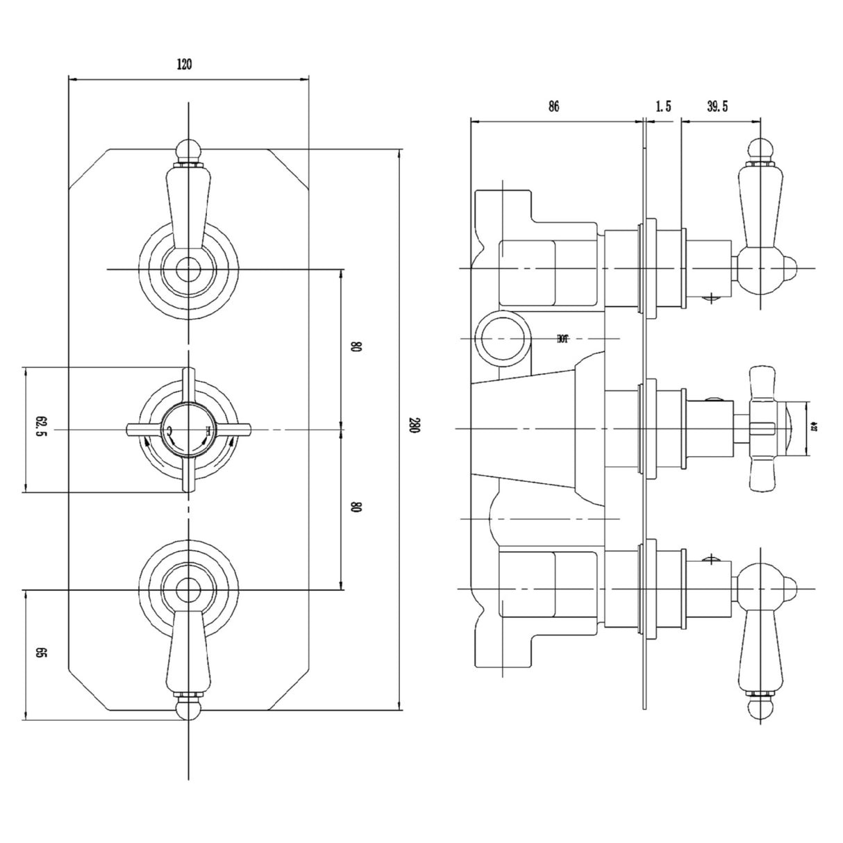 Nuie Edwardian Traditional 2 Outlet Thermostatic Concealed Shower Valve Chrome A3057 LD