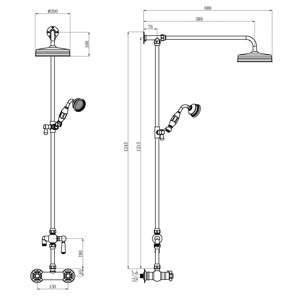 Nuie Traditional 2 Outlet Thermostatic Exposed Shower With Rigid Riser Set Chrome A3117 LD