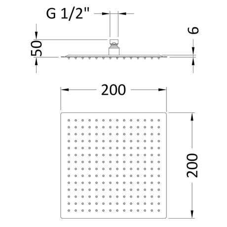 Nuie Square Stainless Steel Fixed Head Shower 200x200mm Matt Black A4088 LD