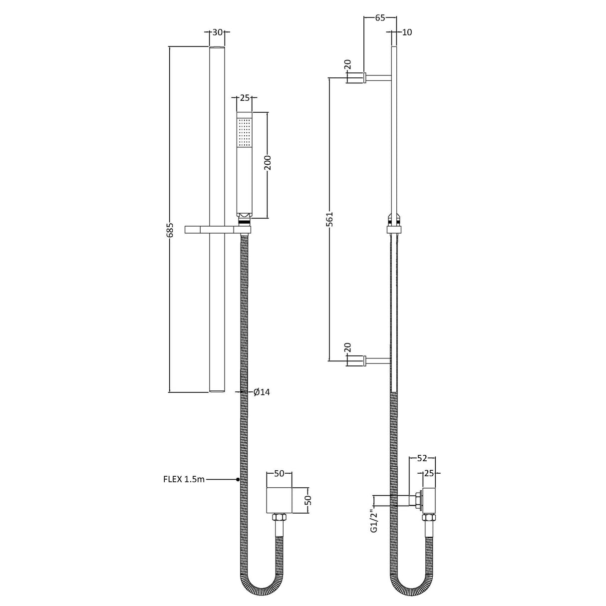 Nuie Single Function Square Sliding Rail Kit & Elbow Outlet Matt Black A4167 LD
