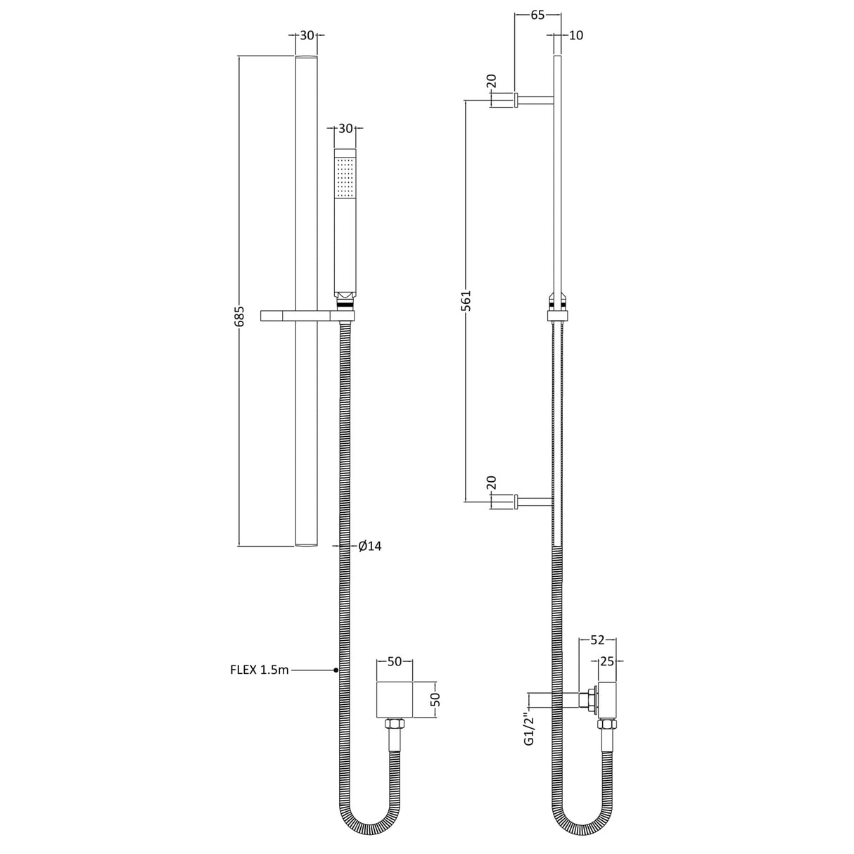 Nuie Single Function Square Sliding Rail Kit & Elbow Outlet Brushed Pewter A7167 LD