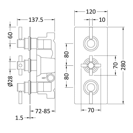Hudson Reed Tec Pura 3 Outlet Thermostatic Concealed Shower Valve With Diverter Brushed Brass A8023 LD