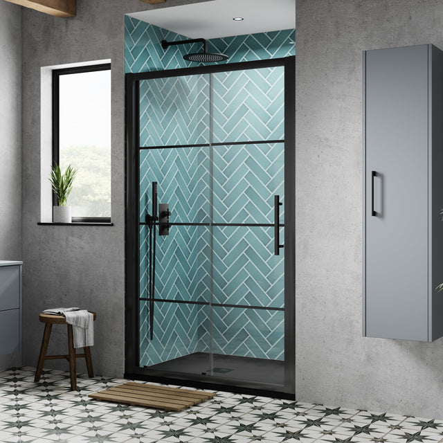 Hudson Reed Apex Sliding Shower Door Matt Black, 8mm Glass ADSL12-E8 LS1