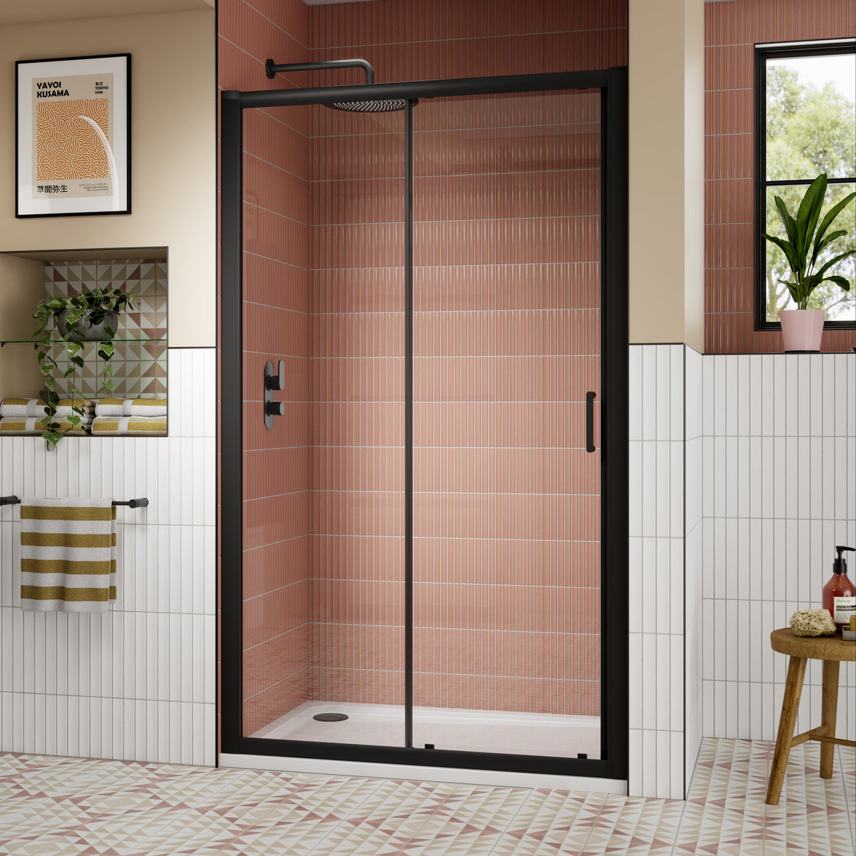 Nuie Lucie Sliding Shower Door Matt Black, 8mm Glass AQSL12NBP-E8 LS