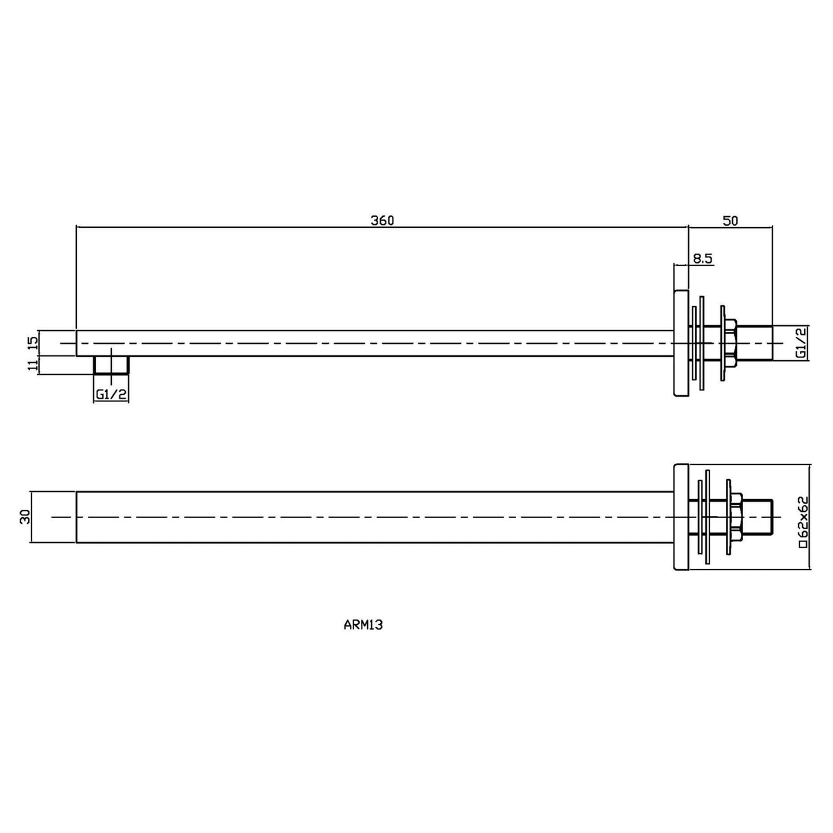 Nuie Square Wall Mounted Shower Arm 310mm Matt Black ARM413 LD