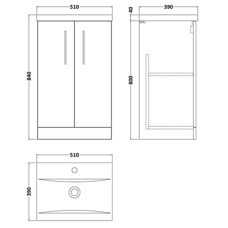 Nuie Arno 500mm Floor Standing 2 Door Vanity Unit & Basin Gloss White ARN101A LD