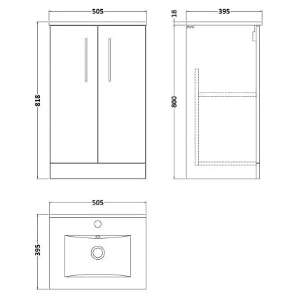 Nuie Arno 500mm Floor Standing 2 Door Vanity Unit & Basin Gloss White ARN101B LD