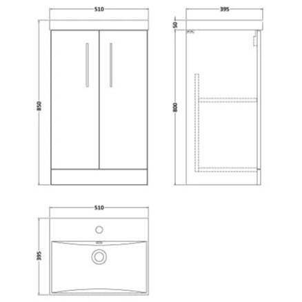 Nuie Arno 500mm Floor Standing 2 Door Vanity Unit & Basin Gloss White ARN101D LD