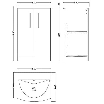 Nuie Arno 500mm Floor Standing 2 Door Vanity Unit & Basin Gloss White ARN101G LD