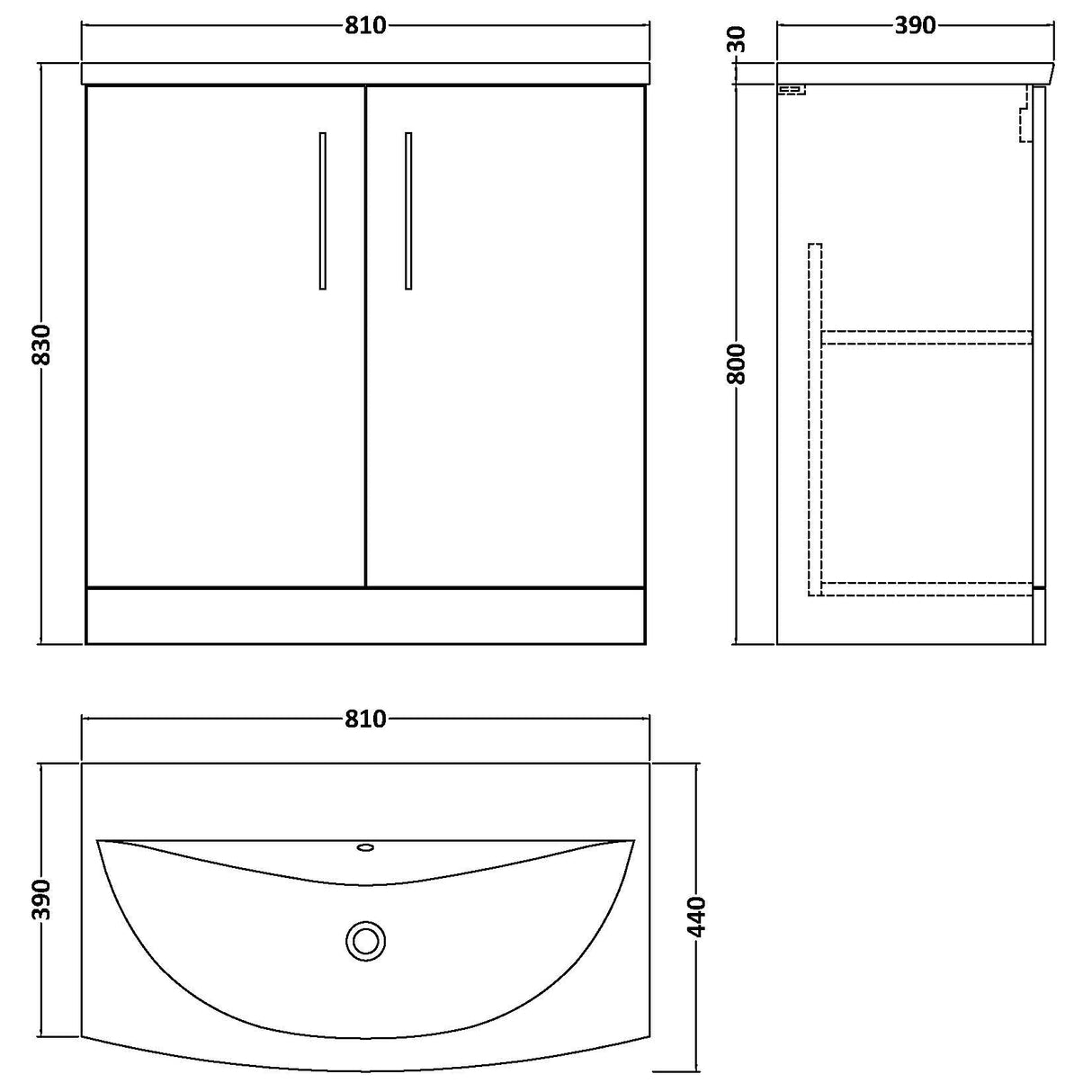 Nuie Arno 800mm Floor Standing 2 Door Vanity Unit & Basin Gloss White ARN105G LD