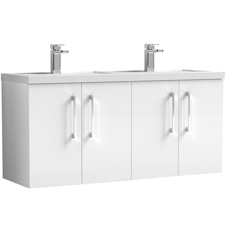 Nuie Arno 1200mm Wall Hung 4 Door Vanity Unit & Double Basin Gloss White ARN123C