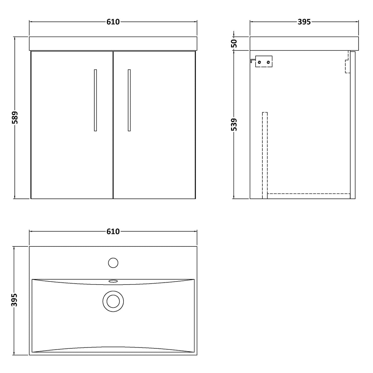 Nuie Arno 600mm Wall Hung 2 Door Vanity Unit & Basin Gloss White ARN123D LD