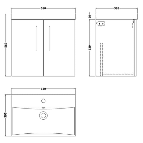 Nuie Arno 600mm Wall Hung 2 Door Vanity Unit & Basin Gloss White ARN123D LD