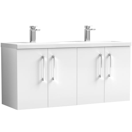 Nuie Arno 1200mm Wall Hung 4 Door Vanity Unit & Double Basin Gloss White ARN123F