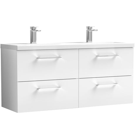 Nuie Arno 1200mm Wall Hung 4 Drawer Vanity Unit & Double Basin Gloss White ARN124F