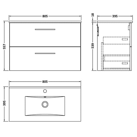 Nuie Arno 800mm Wall Hung 2 Drawer Vanity Unit & Basin Gloss White ARN126B LD