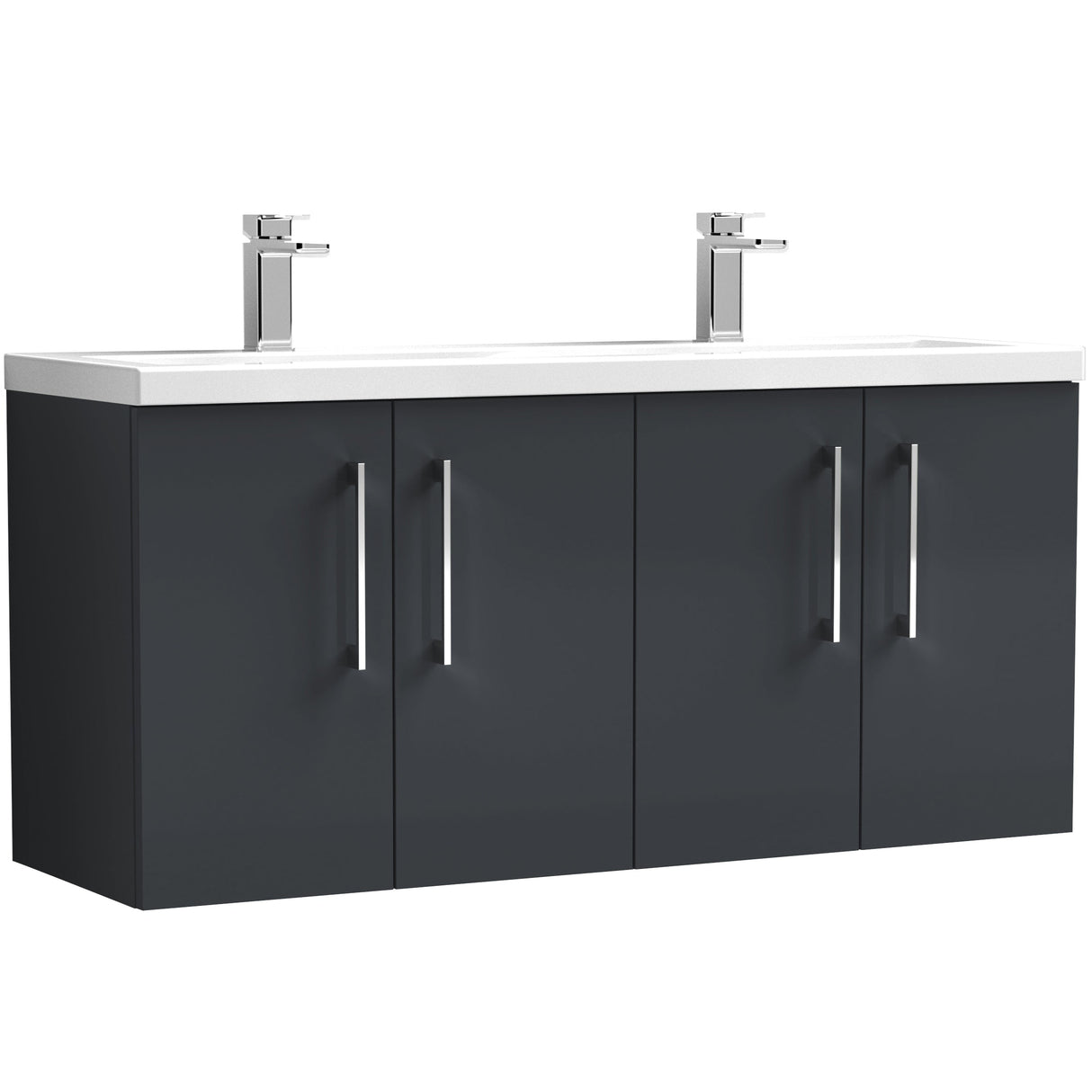Nuie Arno 1200mm Wall Hung 4 Door Vanity Unit & Double Basin Soft Black ARN1423F