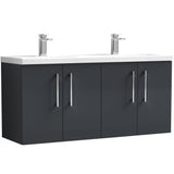 Nuie Arno 1200mm Wall Hung 4 Door Vanity Unit & Double Basin Soft Black ARN1423F