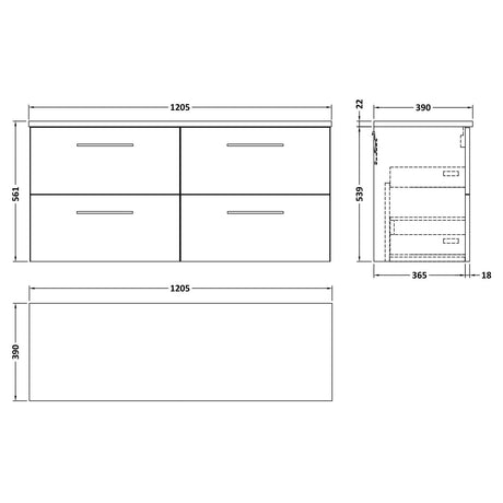 Nuie Arno 1200mm Wall Hung 4 Drawer Countertop Vanity Unit Soft Black ARN1424LCM2 LD