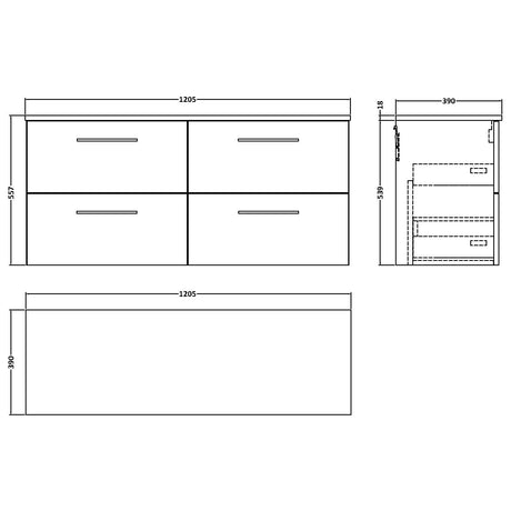 Nuie Arno 1200mm Wall Hung 4 Drawer Countertop Vanity Unit Soft Black ARN1424W2 LD