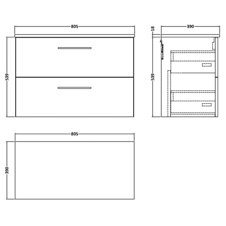 Nuie Arno 800mm Wall Hung 2 Drawer Countertop Vanity Unit Soft Black ARN1426W LD