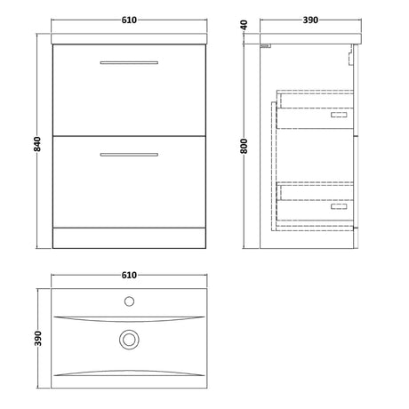 Nuie Arno 600mm Floor Standing 2 Drawer Vanity Unit & Basin Soft Black ARN1433A LD