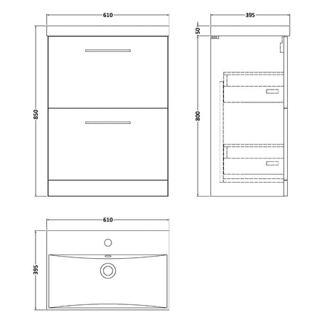 Nuie Arno 600mm Floor Standing 2 Drawer Vanity Unit & Basin Soft Black ARN1433D LD
