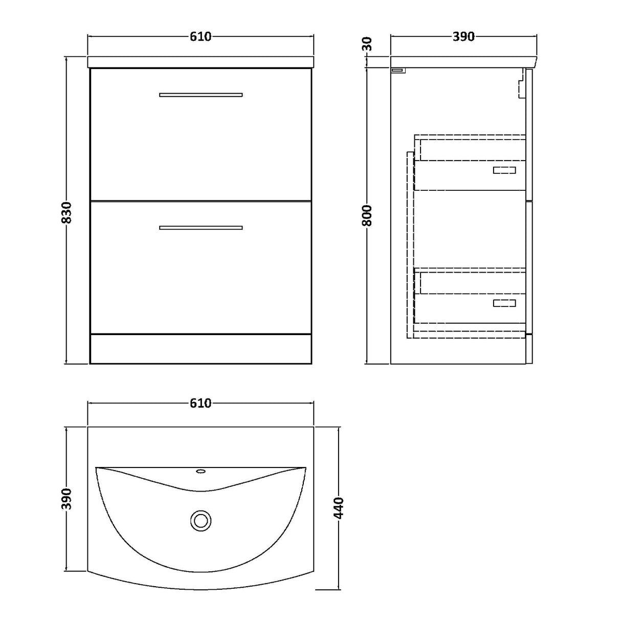 Nuie Arno 600mm Floor Standing 2 Drawer Vanity Unit & Basin Soft Black ARN1433G LD