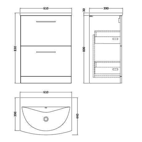 Nuie Arno 600mm Floor Standing 2 Drawer Vanity Unit & Basin Soft Black ARN1433G LD
